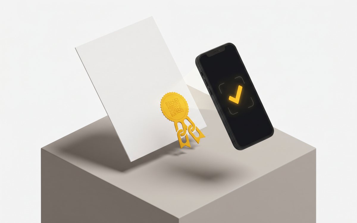 Documento certificado con sello QR dorado y un teléfono que lo verifica mostrando un visto bueno